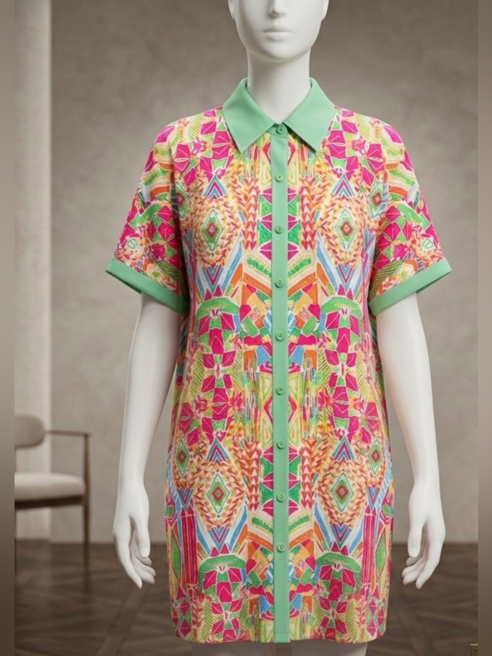 NWOT-Vibrant Geometric Print Button-Up Dress